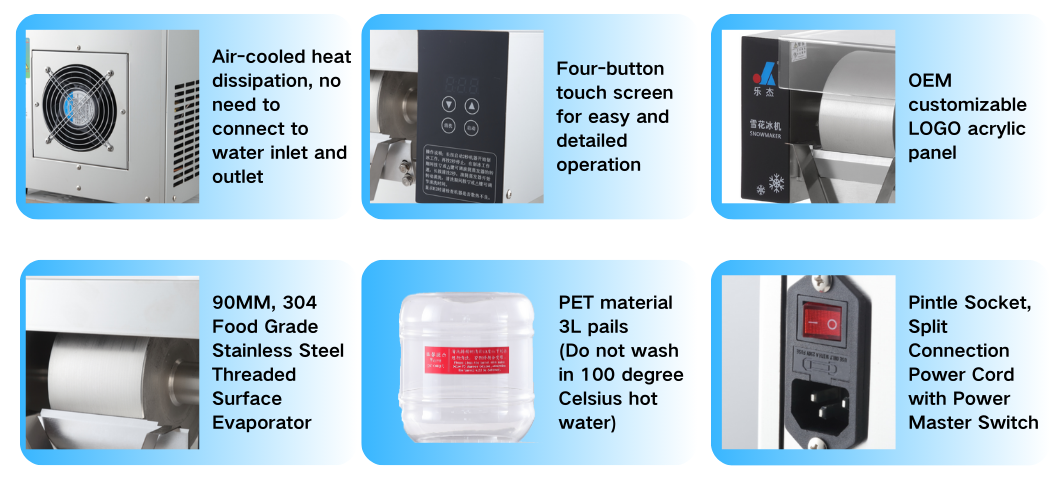 This picture describes the characteristics of the components of the snowflake ice machine FC80FD, the usefulness of each accessory