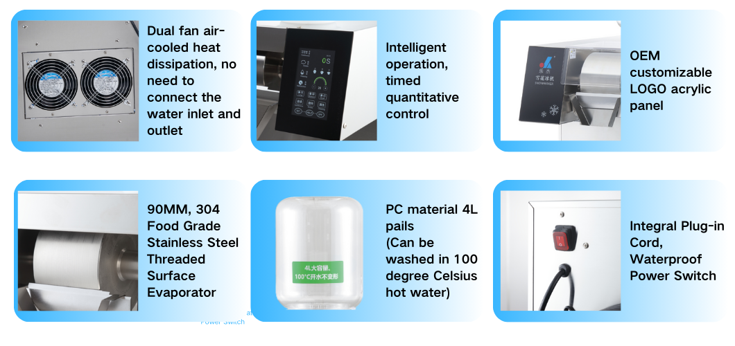 This picture describes the characteristics of the components of the snowflake ice machine QLX100F2, the usefulness of each accessory