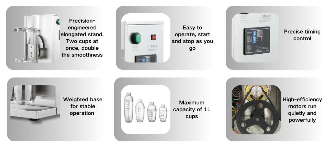 This diagram describes the features of the components of the milkshake maker LJY120-2-1L and the purpose of each accessory.